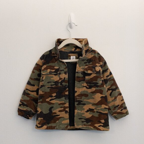 GAP Kids Camo Corduroy Jacket 3T Toddler Boys Green Brown Button Front Fall - Picture 1 of 5